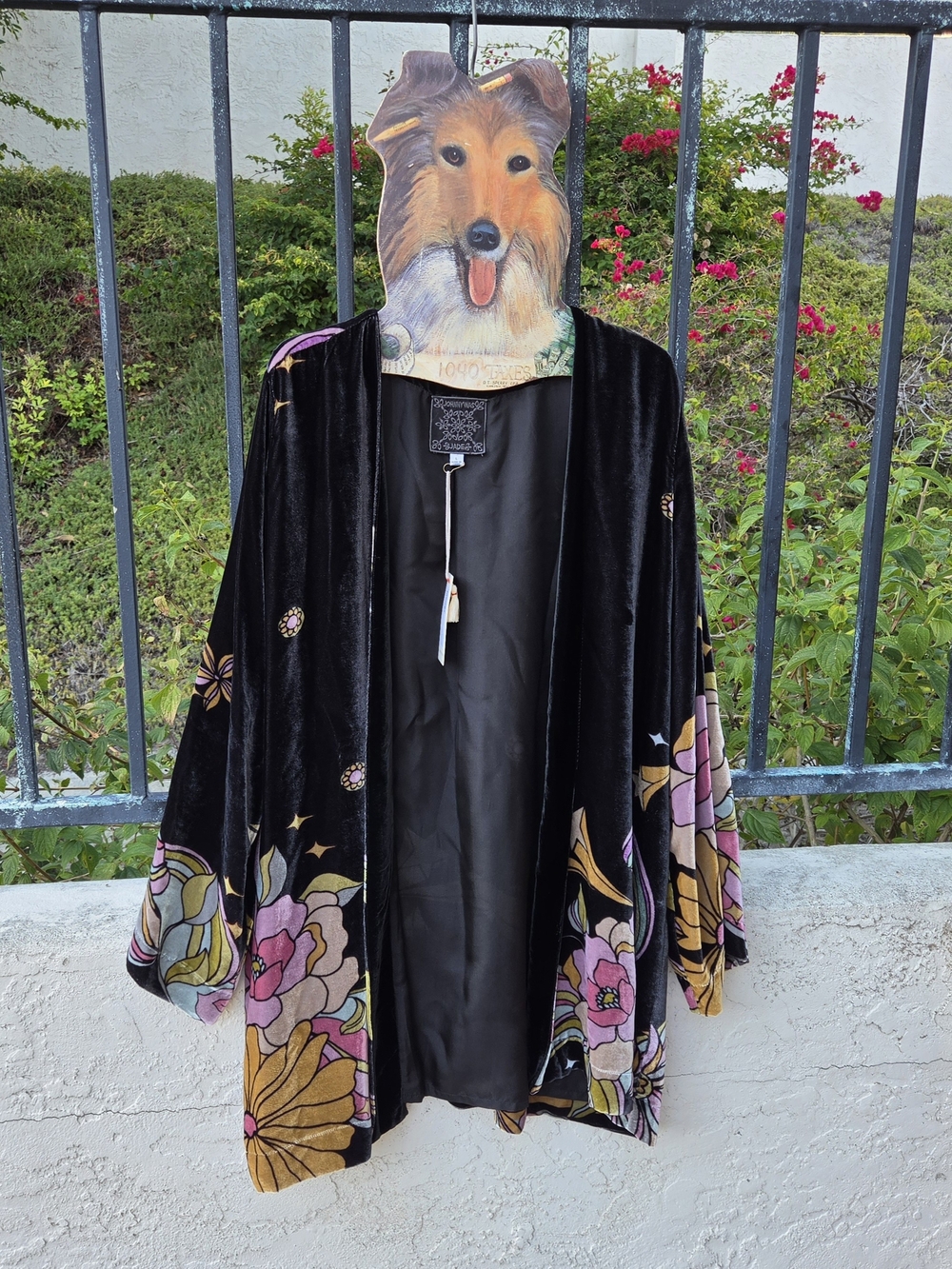 Johnny Was Black Velvet Floral Kimono with Pink, Gold and Green Accents